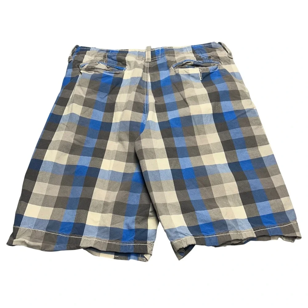 American Eagle Plaid Shorts Blue Grey Mens 33 Longer Length Flat Front Casual
